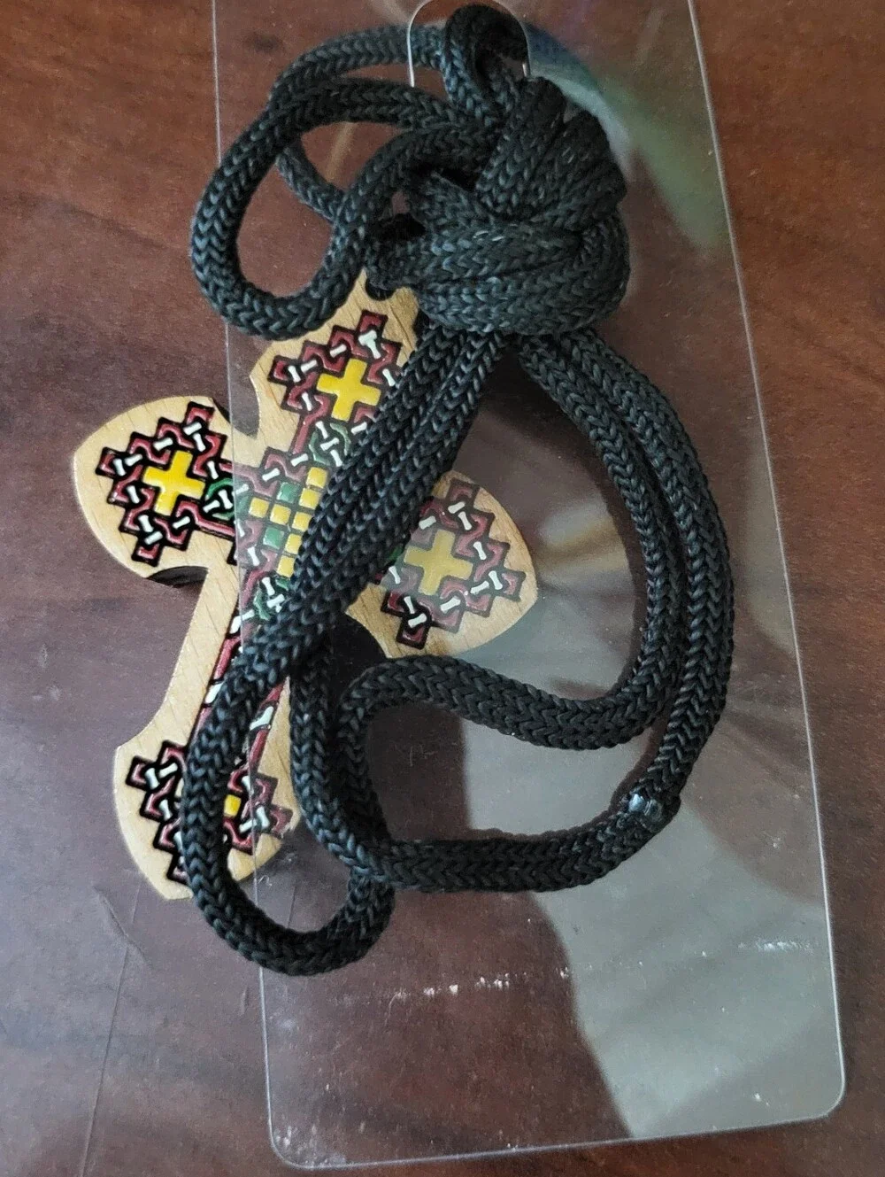 Ethiopian Coptic Wooden Cross Pendant Necklace Hand Painted Traditional Design